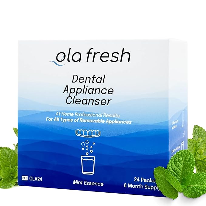 Ola Fresh Dental Appliance Cleanser, Professional Denture and Retainer Powder Cleanser (Mint Essence Flavor, 24 Packets, 6 Month Supply)