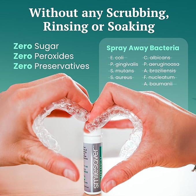 Smilesaver Retainer Cleaner - A Clean Label, Safe, 30 Sec Spray Cleaner for Retainers, Invisalign, Dentures. Minty Taste. Portable. Convenient. No Rinsing. Protects Oral Health. (1oz) (Pack of 6)
