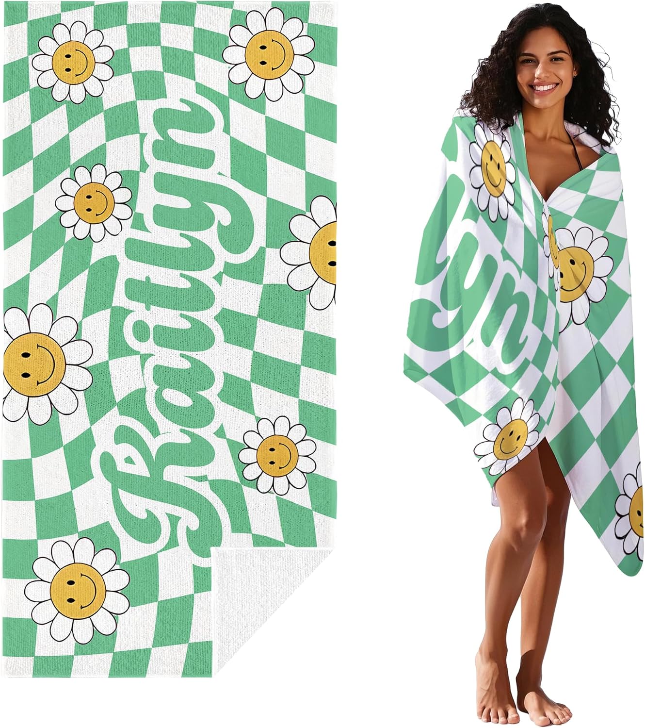 JML Personalized Beach Towel with Name, Custom Flower Beach Towel, Customized Microfiber Pool Towel, Quick Dry & Absorbent Swim Towel for Adult,Anniversary, Birthday, Summer Holiday,Vacation