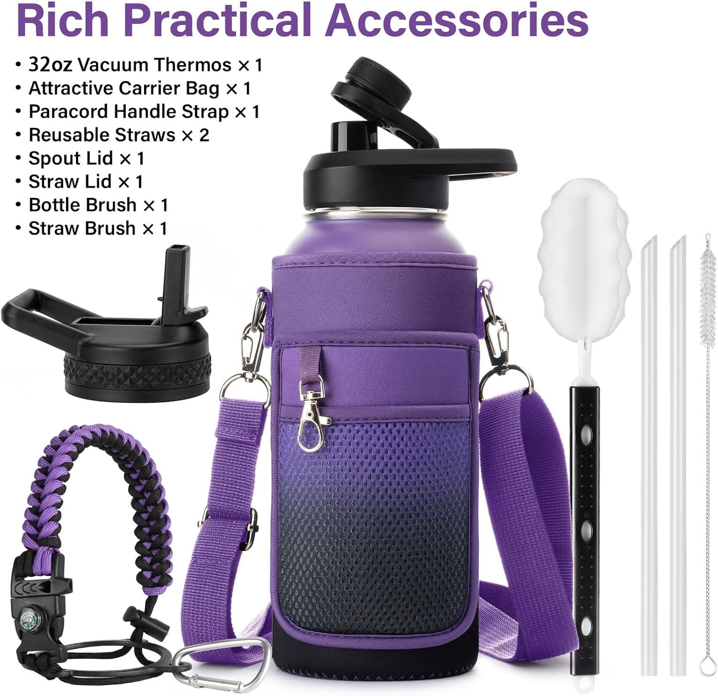 Insulated Water Bottle | Thickened Stainless Steel Vacuum Metal | Portable Sports Water Jug for Gym and Hiking with Straw, Carrier Bag, Handle Strap | BPA-Free 32 oz