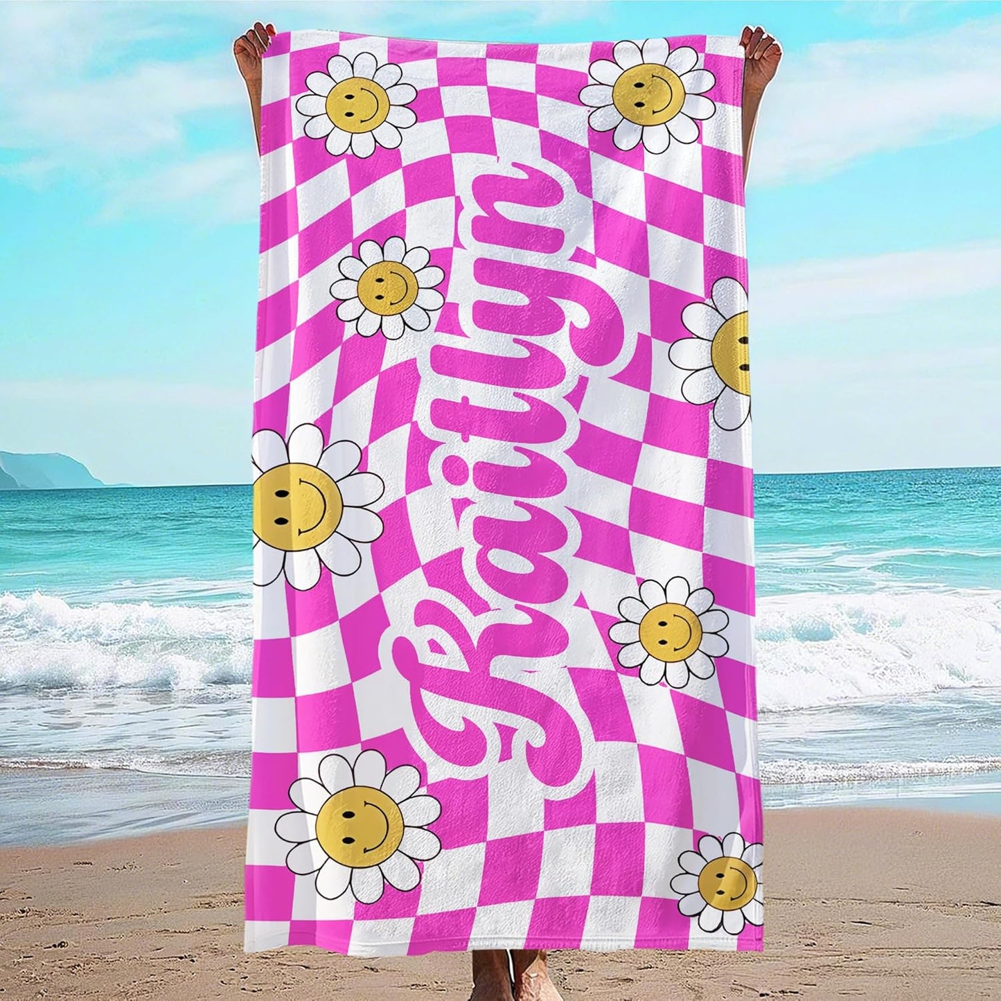 JML Personalized Beach Towel with Name, Custom Flower Beach Towel, Customized Microfiber Pool Towel, Quick Dry & Absorbent Swim Towel for Adult,Anniversary, Birthday, Summer Holiday,Vacation