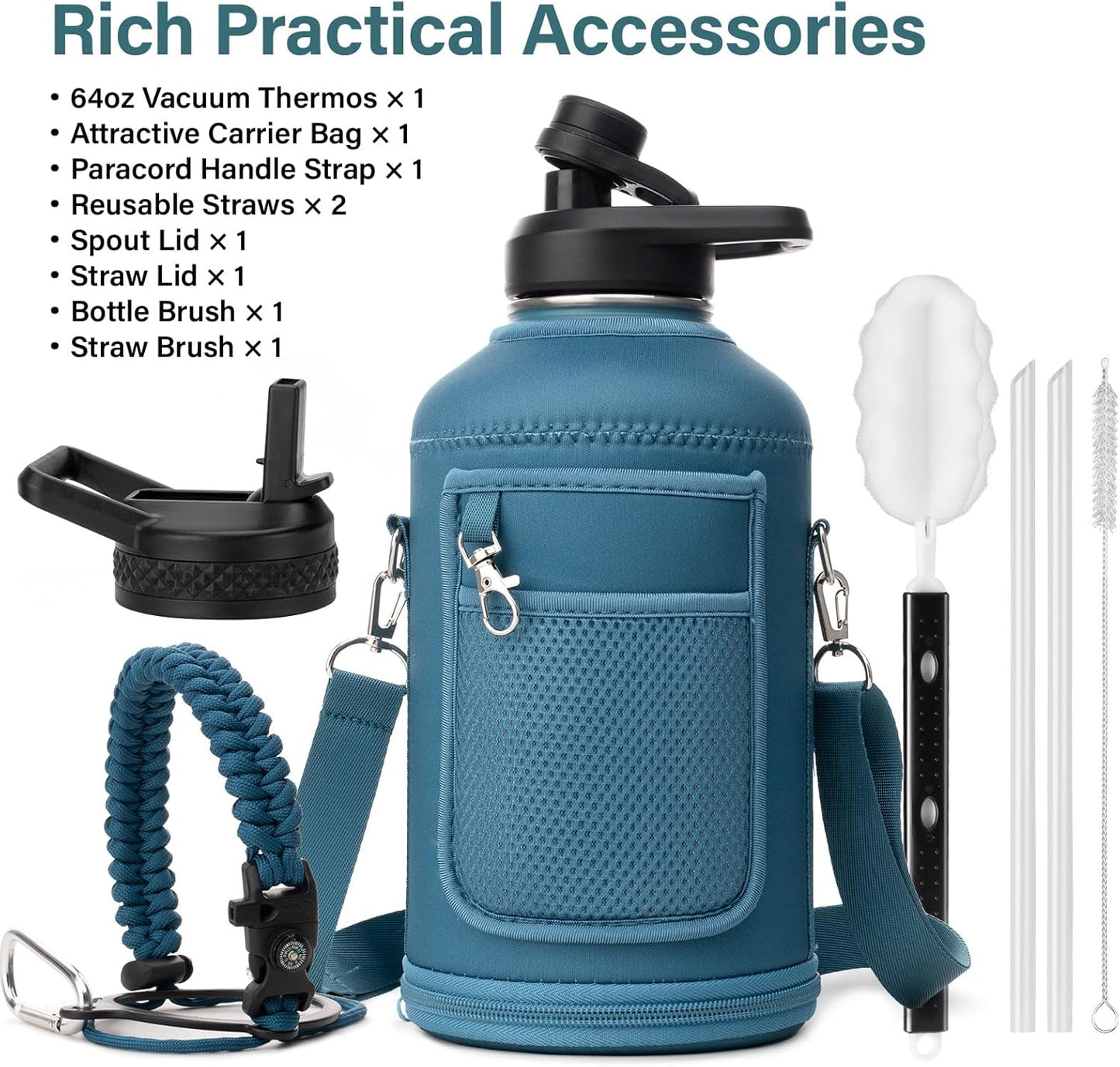 Insulated Water Bottle | Thickened Stainless Steel Vacuum Metal | Portable Sports Half Gallon Large Water Jug for Gym and Hiking with Straw, Carrier Bag, Handle Strap | BPA-Free 64 oz