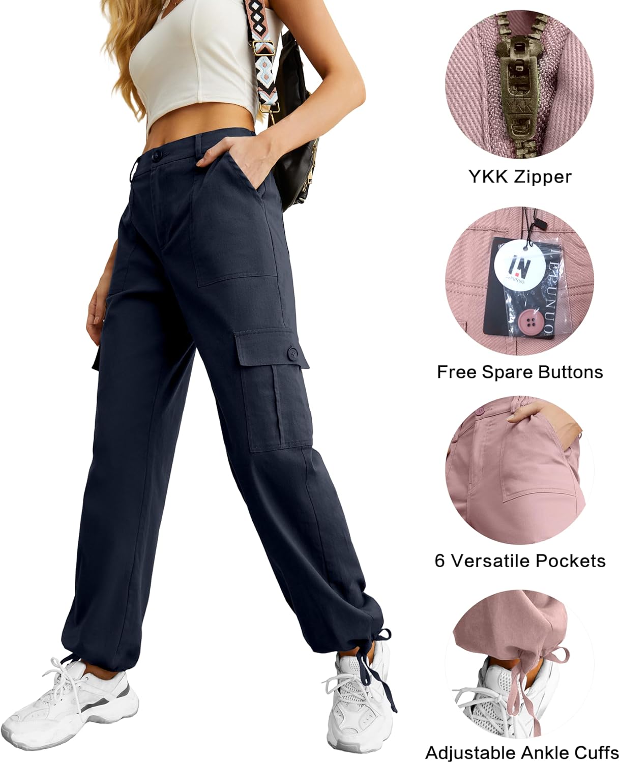 Lepunuo Women's High Waisted Cargo Pants Travel Y2K Streetwear Baggy Stretchy Pants with 6 Pockets Drawstring Ankle Cuffs
