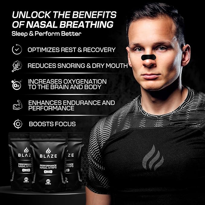 Performance Nose Strips for Breathing (60 Count) - Oil & Sweat Proof Adhesive - Athletic Nasal Strips for Snoring & Sleeping - Black, Wide Body, Universal Fit, Extra Strength