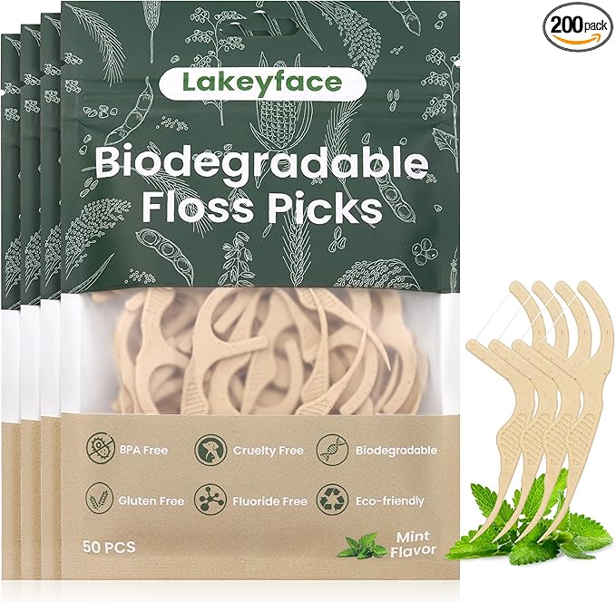 200 Count Biodegradable Dental Floss Picks, Eco Friendly Plant-Based Tooth Flossers for adults, Tear-Resistant Floss Sticks with Wide Handles, Vegan & BPA Free Dental Floss for Natural Oral Care, Mint