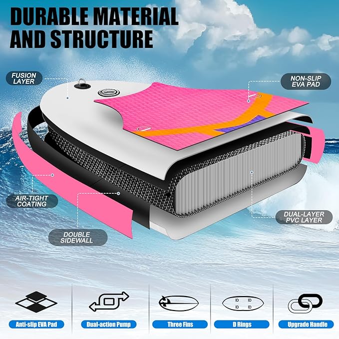 Inflatable Stand Up Paddle Board 10‘x30‘‘- Ultra-Light SUP with Backpack, Pump, Paddle, Coil Leash, 3 Fins, Repair Kit, Stable Design, Non-Slip EVA Deck for Adults & Youth