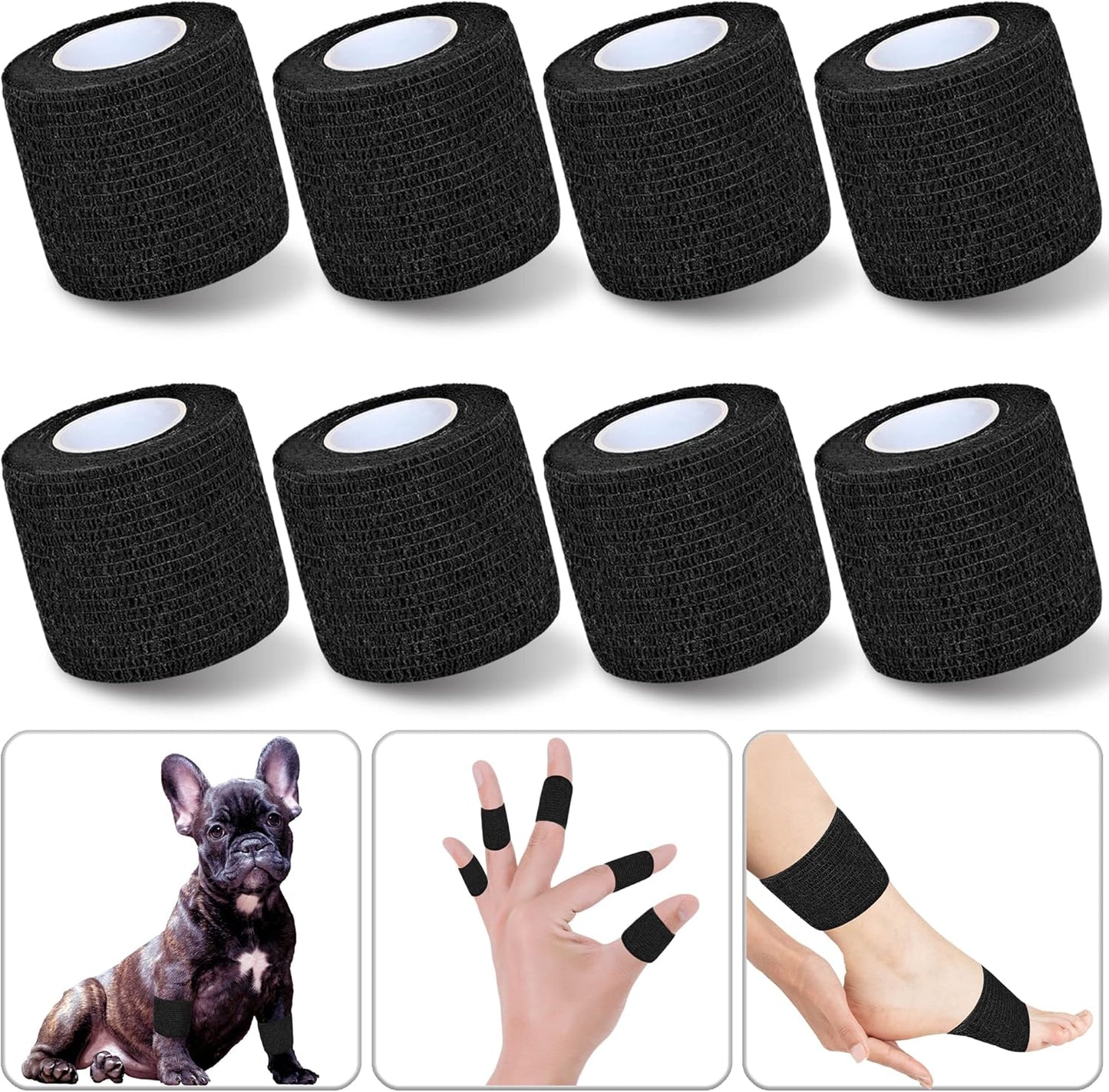 8 Pack 2 in x 5 Yards Cohesive Wrap Self Adhesive Bandage Wrap Elastic Self Adherent Wrap Self Stick Vet Tape for Athletic, Wrist, Ankle, Knees, Pets (Black)