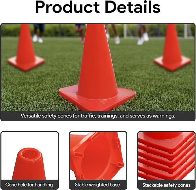 6, 9, 12, 18, 28 Inch Sports Training Traffic Cones - Durable Orange Cones for Soccer, Football, Basketball, Agility Drills, Parking, Safety, Road Use (Set of 12)