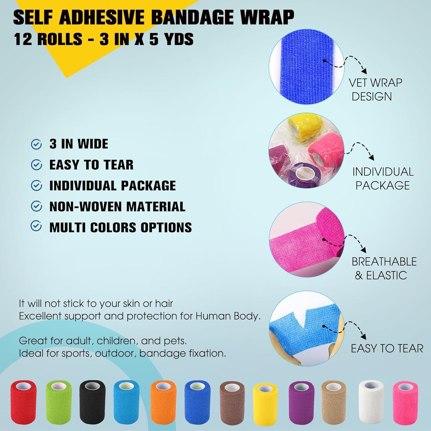 8 Pack Self Adhesive Bandage Wrap, 3 in x 5 Yards Non-Woven Self Adherent Cohesive Bandage, Vet Wrap Wound Tape for Thumb Finger Wrist Knee Ankle, Skin