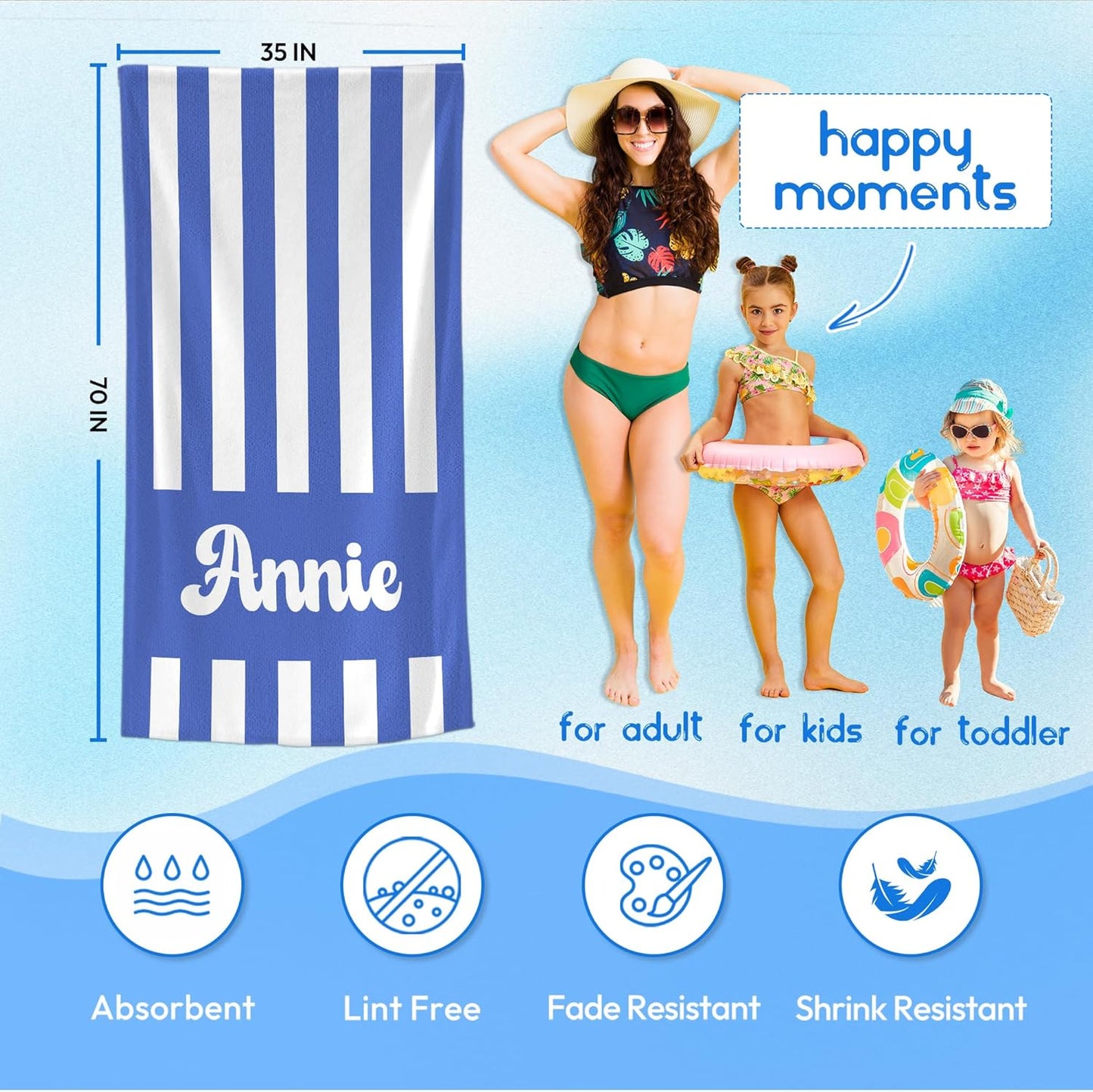 JML Personalized Beach Towel with Name, Custom Cabana Stripe Beach Towel, Customized Microfiber Pool Towel, Quick Dry & Absorbent Swim Towel for Adult,Mother's Day, Birthday, Summer Holiday,Vacation