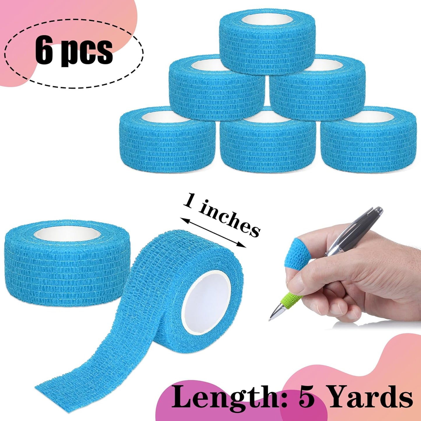 6 Pack 1 Inches Self Adhesive Bandage Wrap Breathable Cohesive Bandage Elastic Tape for Pets, Athletic, Sports, Wrist, Knee, Ankle(5 Yards Per Roll, Light Blue)