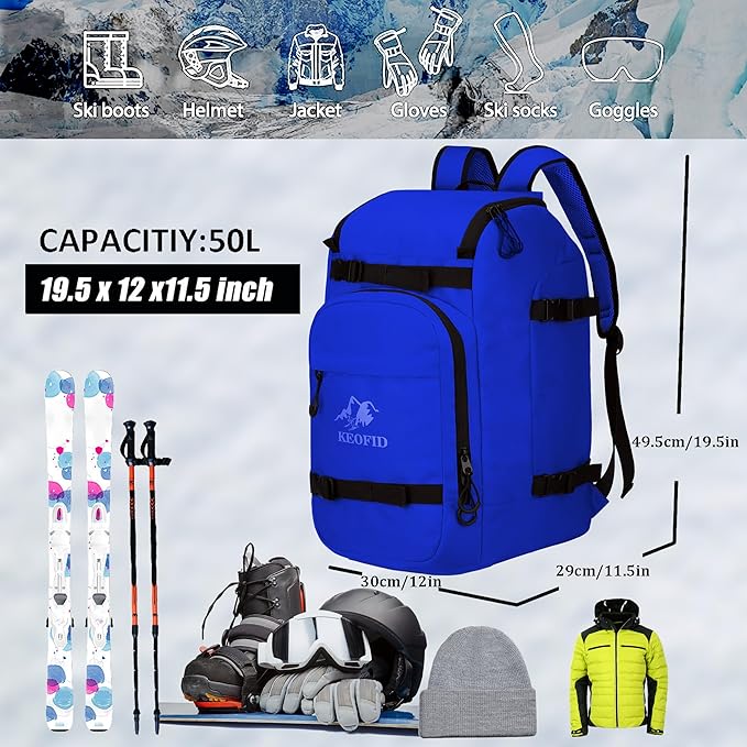 KEOFID 50L Ski Boot Bag Backpack, Waterproof Ski Bag, Travel Backpack for Ski Helmet, Snowboard