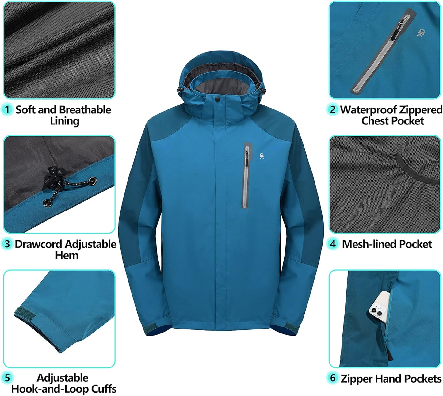 Little Donkey Andy Men's Waterproof Rain Jacket Outdoor Lightweight Hooded Raincoat for Hiking Golf Travel Fishing