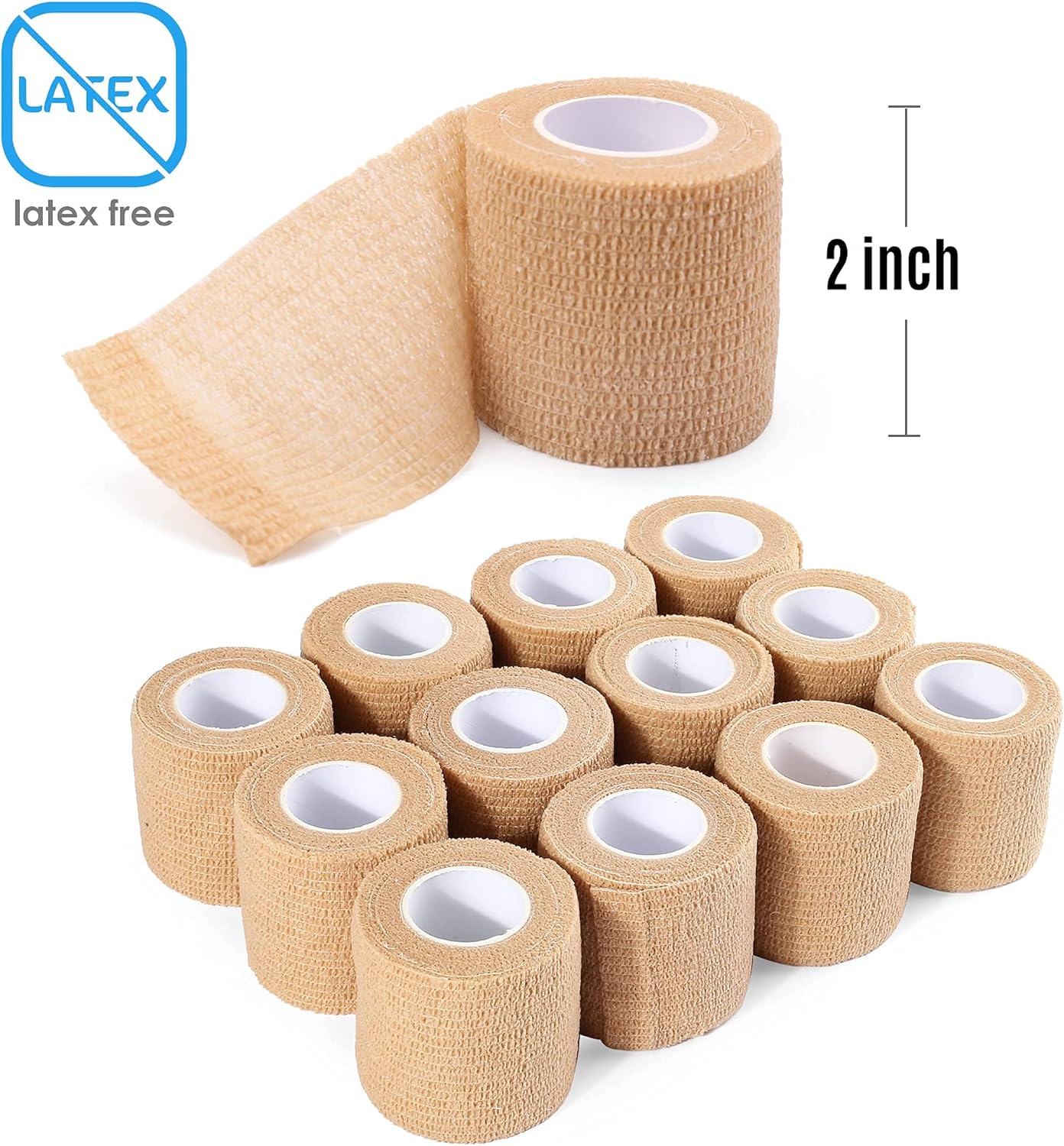 LotFancy Self Adhesive Bandage Wrap, 12 Pack, 2" x 5 Yards Non Woven Medical Tape, Latex Free, First Aid Tape for Athletic Wrist Ankle Sprains Swelling, Tan Color