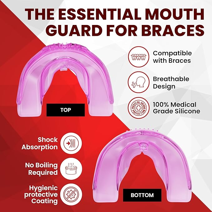 SafeGrin Pink Mouth Guard for Braces for Sports - Premium Silicone Teens & Youth Upper & Lower Teeth Protection for Sports - Football, Lacrosse, Hockey, Baseball