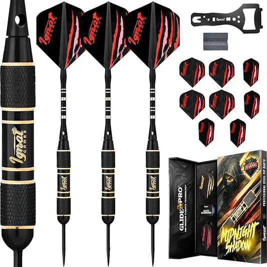 IgnatGames Premium Steel Tip Darts – 3/6/12 Pack Brass Barrels with Aluminum Shafts, 16 GlideXPro Flight Set, Tool Kit & Giftable Case