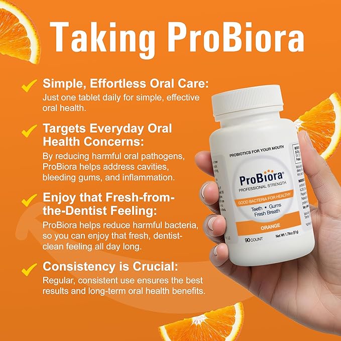 ProBiora Professional Strength Oral Probiotics for Teeth and Gums | Dental Probiotic for Oral Health | Bad Breath Treatment for Adults | Tooth Whitening | ProBiora3 Probiotic Blend | 90 Orange Tablets