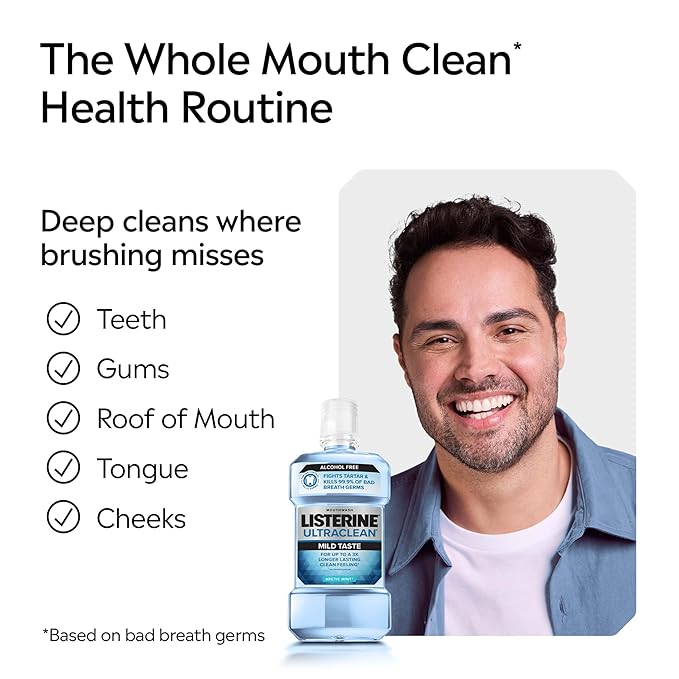 Listerine Ultraclean Alcohol-Free Tartar Control Mouthwash, Oral Rinse Fights Stain Build Up to Help Keep Naturally White Teeth, Less Intense Arctic Mint Flavor, 1L