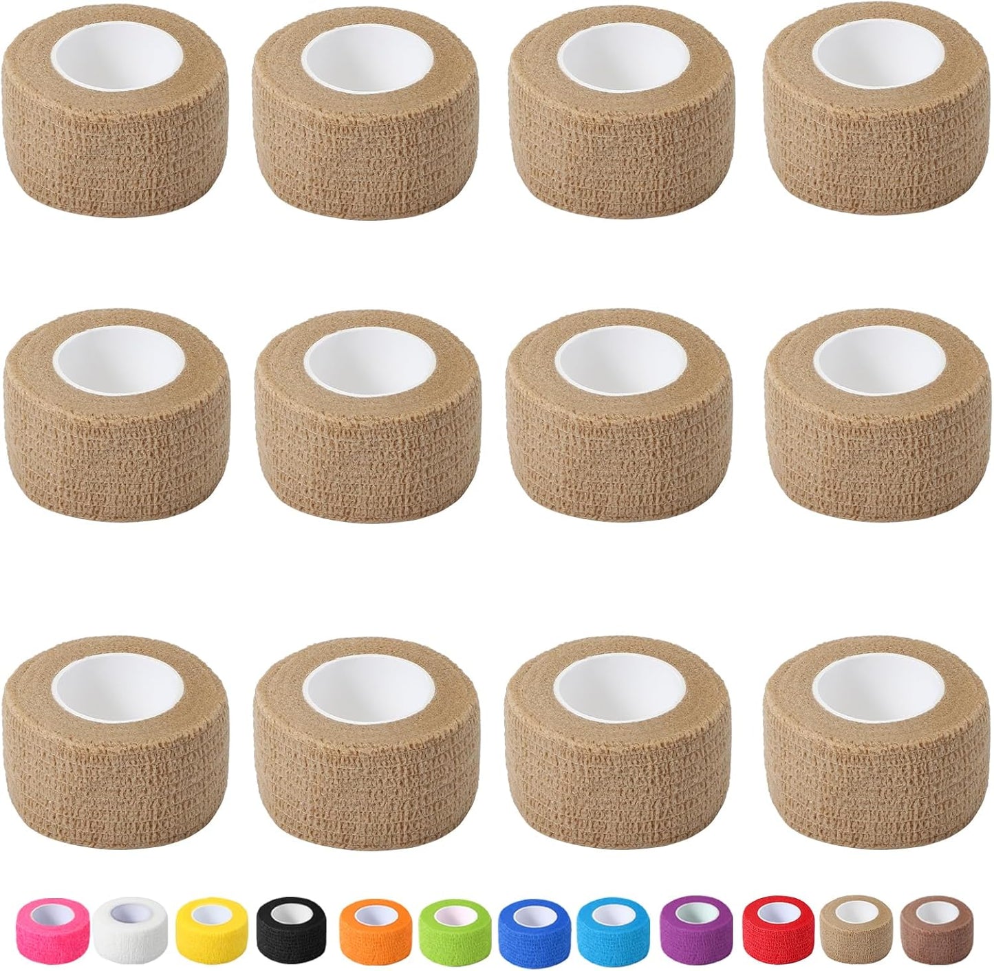 12 Pack Self Adhesive Bandage Wrap, 1 in x 5 Yards Non-Woven Self Adherent Cohesive Bandage, Vet Wrap Wound Tape for Thumb Finger Wrist Knee Ankle, Skin
