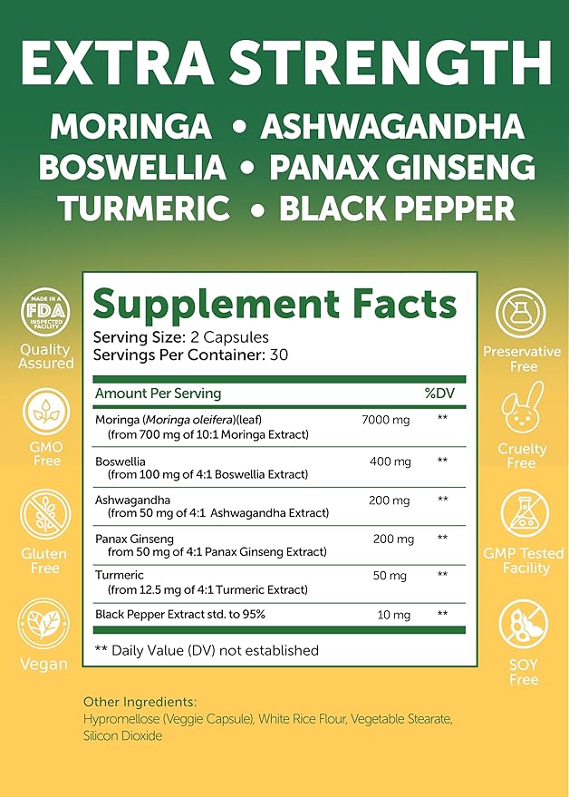 Lunakai USA Made Pure Moringa Capsules – Advanced Moringa Leaf Extract Supplement with Ashwagandha, Boswellia, Ginseng & Turmeric, 60ct