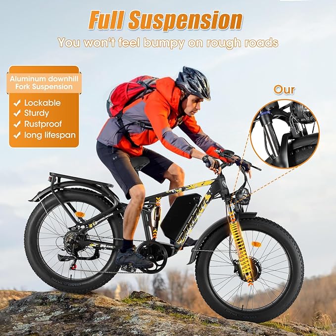 5000W 60V 26Ah Electric Bike for Adults, 60V Battery Ebike, 26"X4"Fat Tire,45MPH & 70 Miles Long Range,210Nm Mountain Bike Full Suspension, Hydraulic Brake Electric Bicycle,Rear Rack