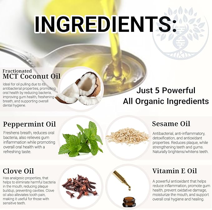 Oil Pulling Blend for Healthy Teeth and Gums with Organic Sesame, Coconut Oil - Organic Clove, Peppermint Vitamin E Oil Mouth Rinse for Fresh Breath Oral Health and Cleaner Teeth and Gums 8 Fl oz