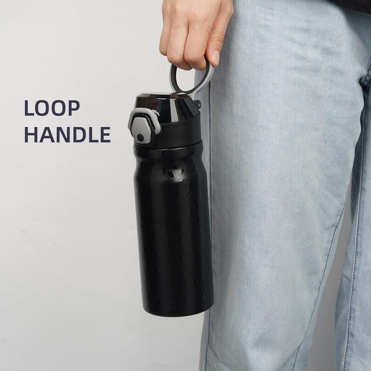 Insulated Water Bottle with Straw and Carry Loop,18 oz Stainless Steel Double Wall Vaccum Metal Water Flask with Leak-proof Lid,Black Leopard