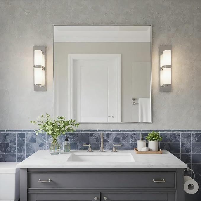 30x30 Inch Nickel Bathroom Mirror for Wall, Aluminum Frame Rectangle Rectangular Vanity Mirror, Modern Large for Bedroom, Living Room, Horizontal or Vertical