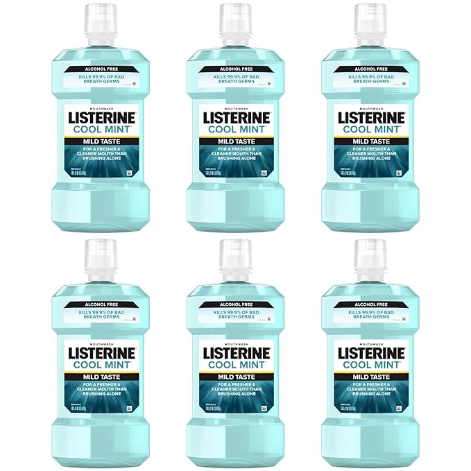 Listerine Cool Mint Alcohol Free Mouthwash, Bad Breath Germ Killing, Bad Breath Treatment Oral Rinse for Adults; Cool Mint Flavor, 500 mL, 6 Pack