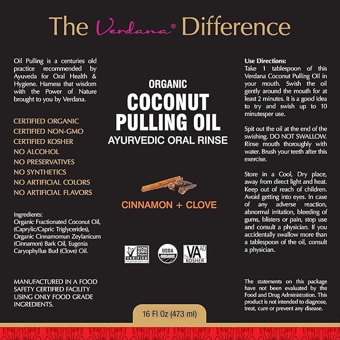 Verdana Organic Oil Pulling Mouthwash – 16 oz Cinnamon & Clove – USDA Organic Coconut Oil Rinse for Teeth & Gums – Alcohol-Free, Fluoride-Free Natural Mouthwash for Fresh Breath & Gum Health