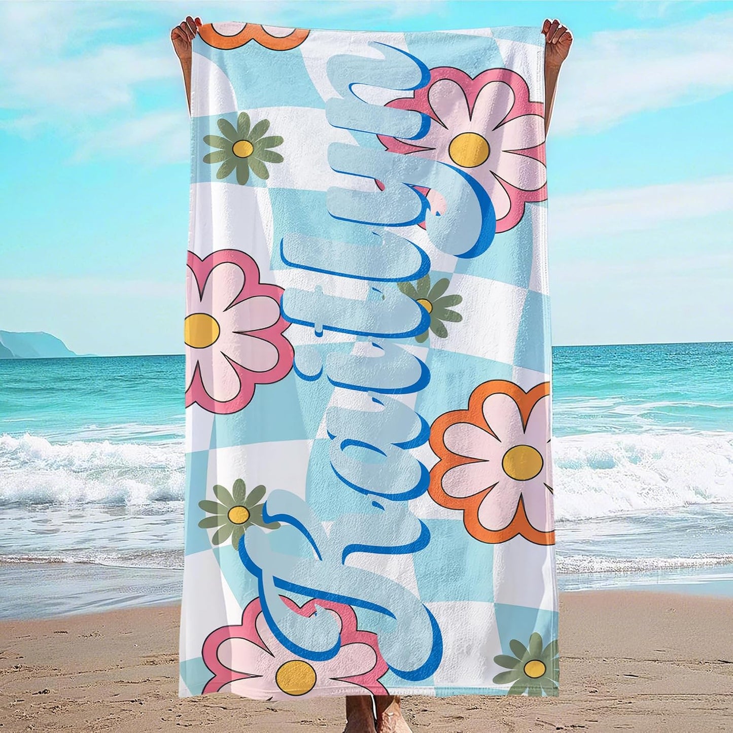 JML Personalized Beach Towel with Name, Custom Flower Beach Towel, Customized Microfiber Pool Towel, Quick Dry & Absorbent Swim Towel for Adult,Anniversary, Birthday, Summer Holiday,Vacation
