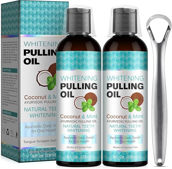 Coconut Oil Pulling for Fresh Breath and Oral Hygiene - Ayurvedic Expert Formulated | Supports Healthy Gums | Natural - Includes Tongue Scraper and Measuring Cup - 8 oz - 2 Packs