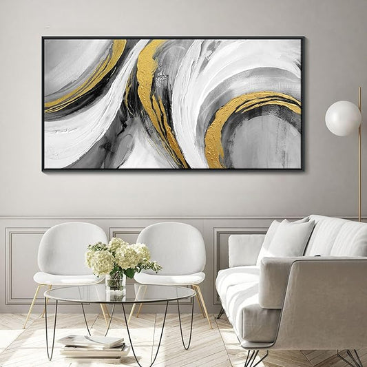 Abstract Large Wall Art - Hand Painted White Gold Tones Abstract Art Black Framed Poster Modern Style for Home Living Room Dining Room Office Hallway Kitchen Decor 24x48 In