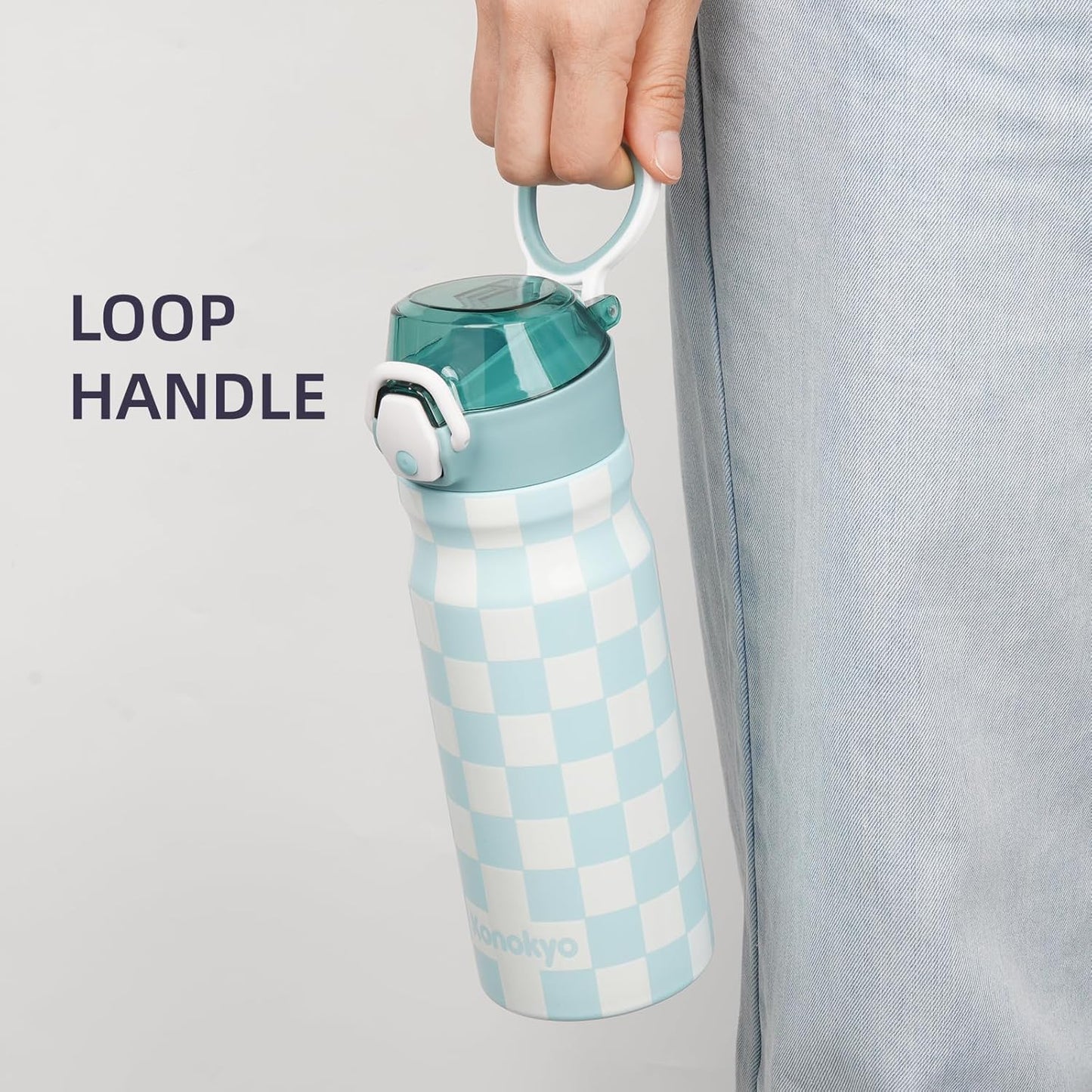 Insulated Water Bottle with Straw and Carry Loop,18 oz Stainless Steel Double Wall Vaccum Metal Water Flask with Leak-proof Lid,Blue White Plaid