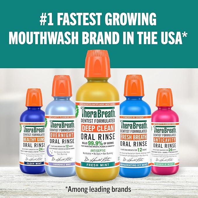 TheraBreath Deep Clean Mouthwash, Antiseptic Benefits, Fresh Mint Flavor, Dentist Formulated, Alcohol Free, 16 fl oz (Pack of 2)