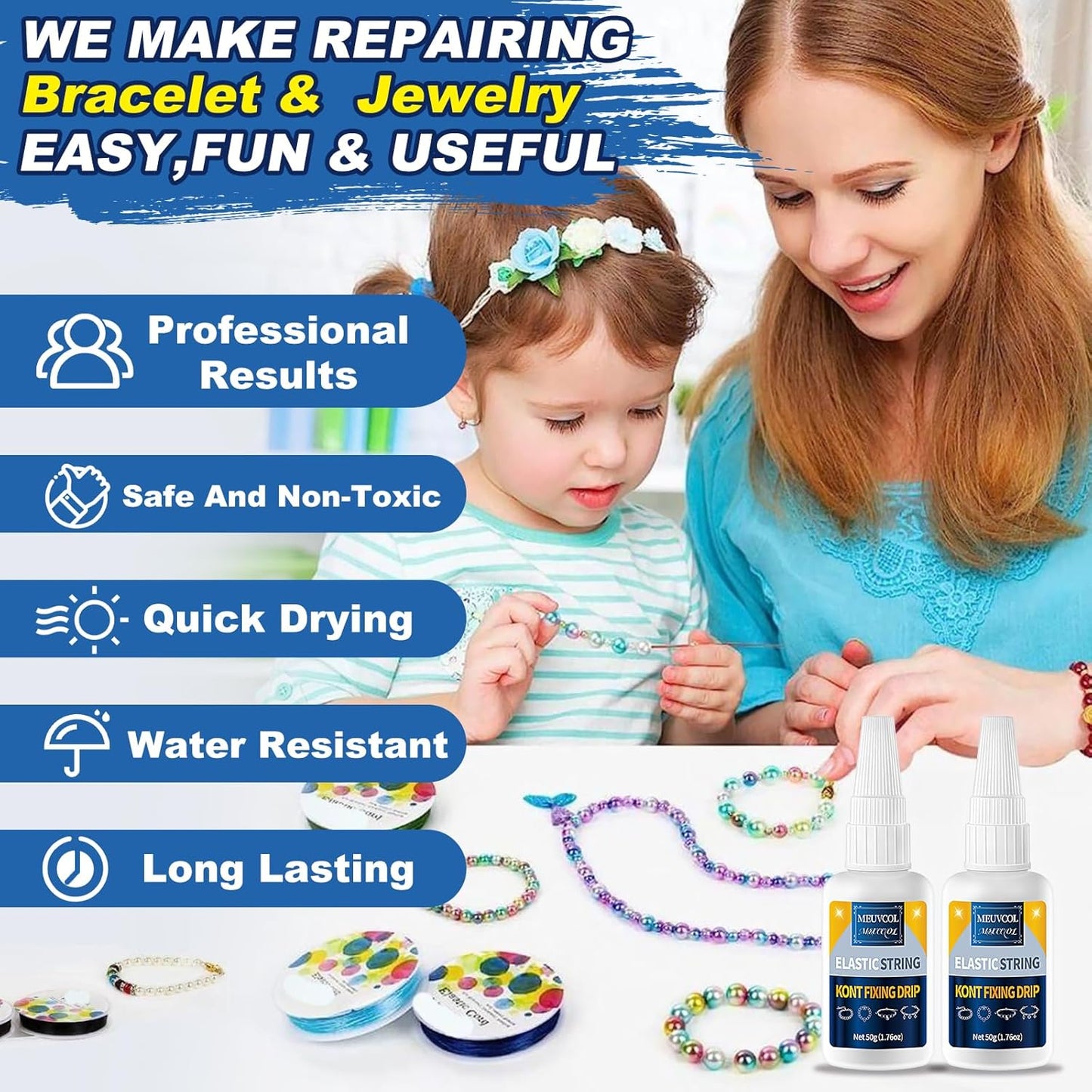 Jewelry Bracelet Glue for Elastic String Knot,2 Pcs Clear Clay Beads Glue for Bead Charms, Punctuation Beads, Jewelry Bracelet Making Supplies Kit for Plastic Bracelet Stretchy Cord (100g)