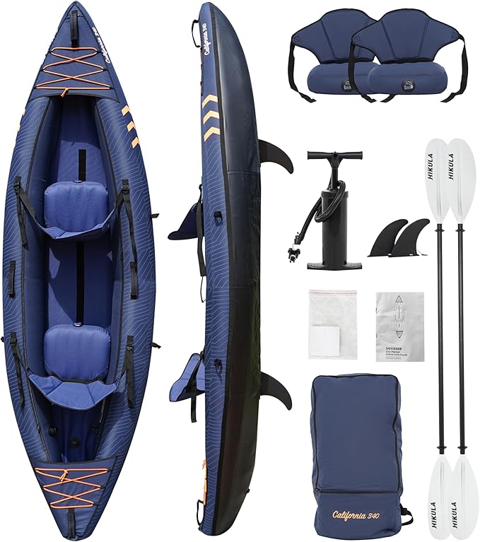 Inflatable Kayak 2 Person, Tandem Kayak, Foldable Kayaks for Adults, with Kayak Fin, 2 Aluminum Paddles, 2 Padded Seats, Hand Pump and Travel Backpack