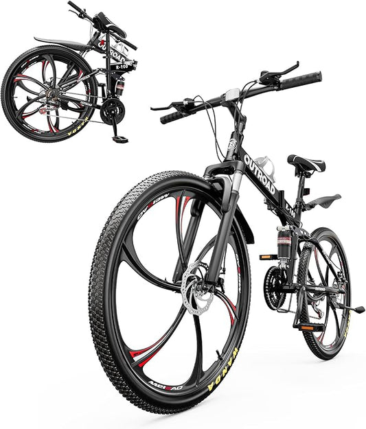 26 Inch Folding Mountain Bike, 21 Speed Full Suspension Bicycle with High-Carbon Steel, Dual Disc Brake Non-Slip Quick Release tire Folding Bicycle for Adults/Men/Women