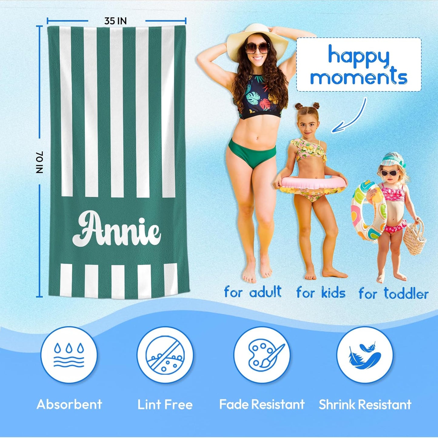 JML Personalized Beach Towel with Name, Custom Cabana Stripe Beach Towel, Customized Microfiber Pool Towel, Quick Dry & Absorbent Swim Towel for Adult,Mother's Day, Birthday, Summer Holiday,Vacation