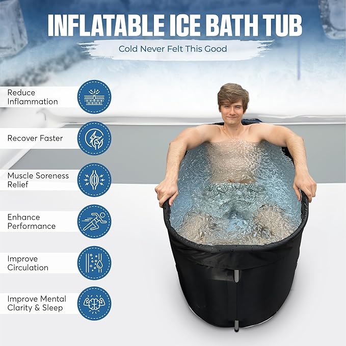 Large Oval Professional Ice Bath Tub-90 Gallon Inflatable Cold Plunge- Portable Lightweight Easy to Set Up for Full Cold Water Immersion, Faster Recovery (Black, Large Ice Bath (43x24x22))