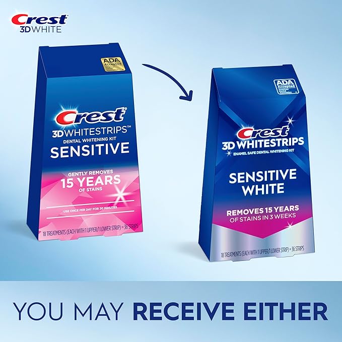 Crest 3D Whitestrips Sensitive At-Home Teeth Whitening Kit, 18 Treatments, Gently Removes 15 Years of Stains, Crest Whitestrips, Teeth Whitening Kit