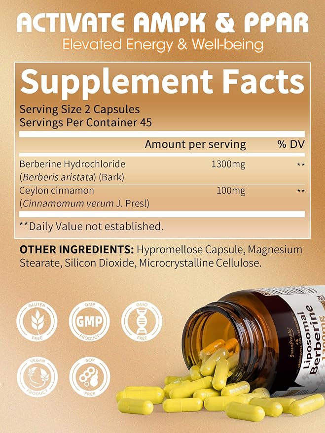 Liposomal Berberine HCL1300mg - Berberine Supplement with Ceylon Cinnamon Activates GLP-1 & AMPK - High Absorption Formula Healthy Weight Support – Non-GMO/Vegan – 45-Day