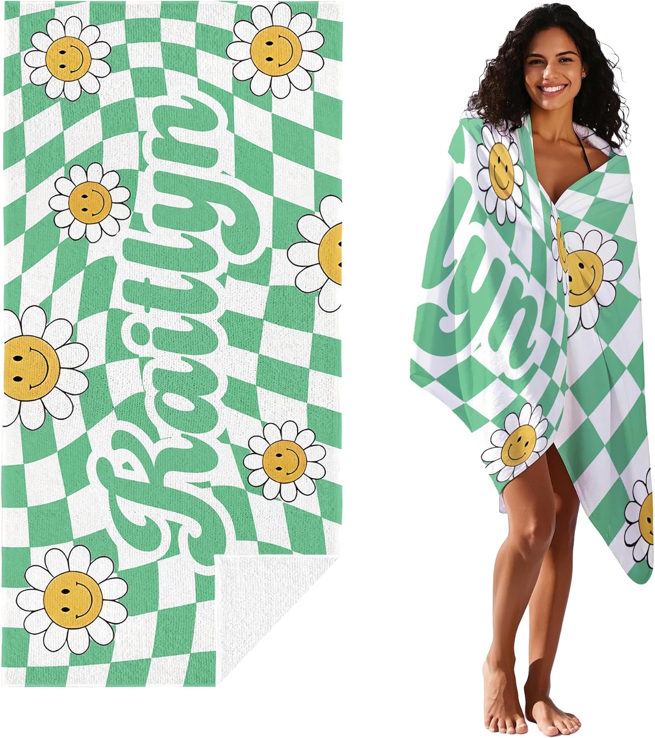 JML Personalized Beach Towel with Name, Custom Flower Beach Towel, Customized Microfiber Pool Towel, Quick Dry & Absorbent Swim Towel for Adult,Anniversary, Birthday, Summer Holiday,Vacation