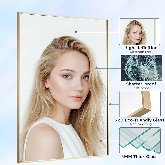 24x36 Inch Brass Bathroom Mirror for Wall, Aluminum Frame Rectangle Rectangular Vanity Mirror, Modern Large for Bedroom, Living Room, Horizontal or Vertical