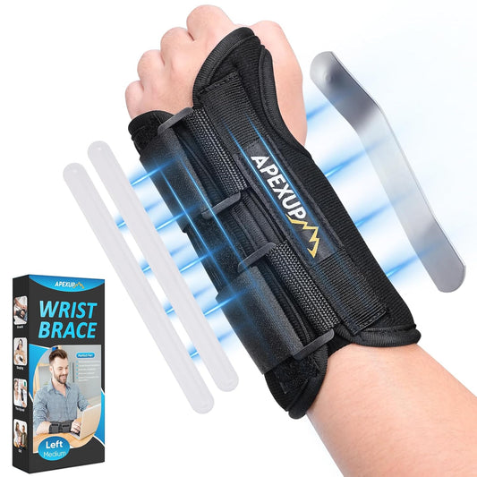 APEXUP Wrist Brace for Carpal Tunnel, Night Pain Relief Hand Brace with Adjustable Wrist Wraps and Splint for Men and Women, Ideal for Tendonitis, Arthritis, and Sprains (M, Left)