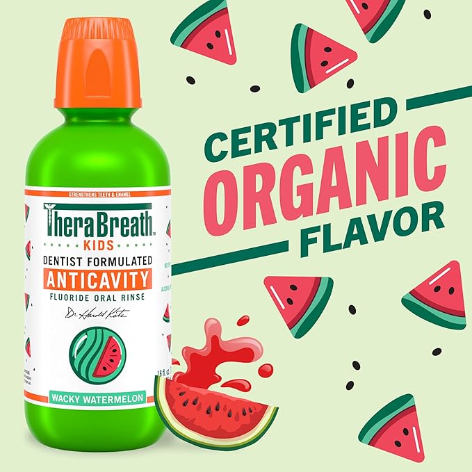 TheraBreath Kids Organic Wacky Watermelon Mouthwash with Fluoride, Anticavity, Dentist Formulated, 16 Fl Oz