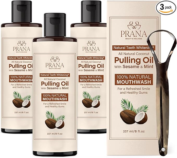 PRANA Coconut Pulling Oil Mouthwash with Tongue Scraper- Ayurvedic Oils for Clean Rinse with Coconut Oil & Clove & improving Teeth & Gum Health - Teeth Pulling Oil Keeps Your Mouth Refreshed- (3 Pack)