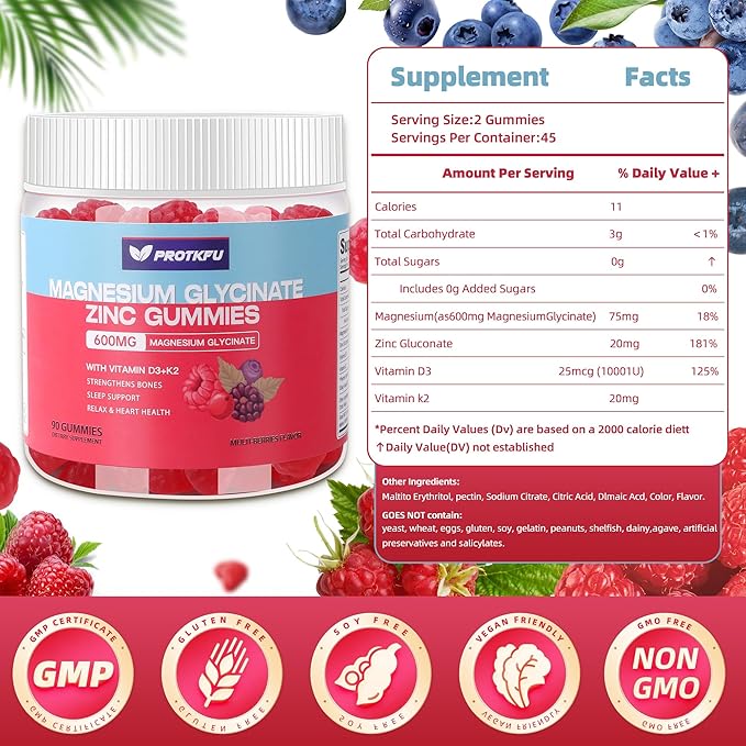 90 CT Magnesium Glycinate Gummies 600mg, Sugar Free Magnesium Gummies w/Zinc & Vitamin D3 & K2 - Magnesium Supplements for Sleep, Supports Bone Health, Nerve & Immune Function