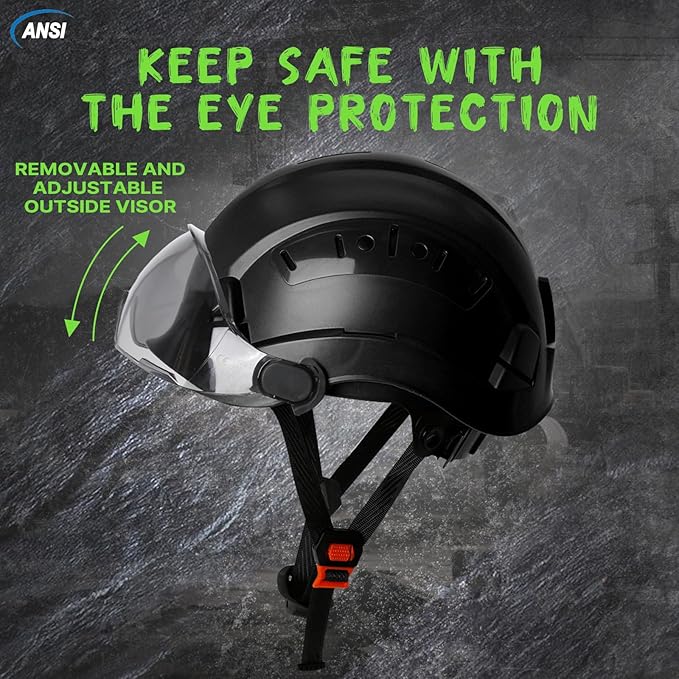 Aolamegs Construction Hard Hats for Adults - Hard Hats Construction OSHA Approved with Smoke Visor for Men Women, ANSI Z89.1 Vented Safety Helmet, Hard Hat with Chin Strap,6 Point Suspension （Black
