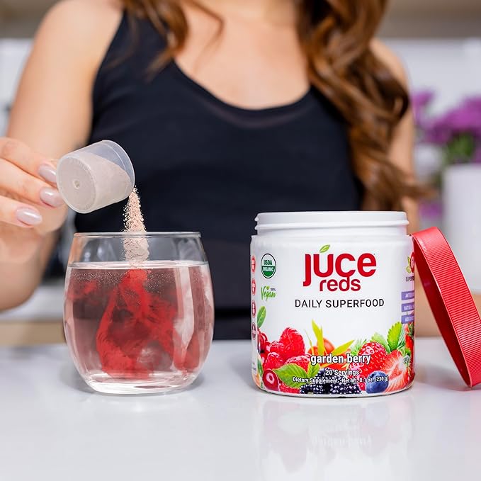 JUCE Reds Organic Superfood Powder - Garden Berry Flavor | Fruit & Veggie Powder for Everyone w/64 Immune Boosting Superfood Plus Probiotics for Gut Health | 20 Servings (230g)